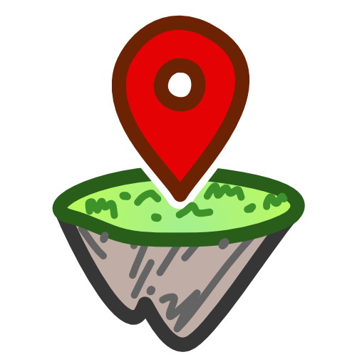 an image of a floating landmass with a red location pin on the top of it. The landmass has a  flat green top and spiky grey bottom 